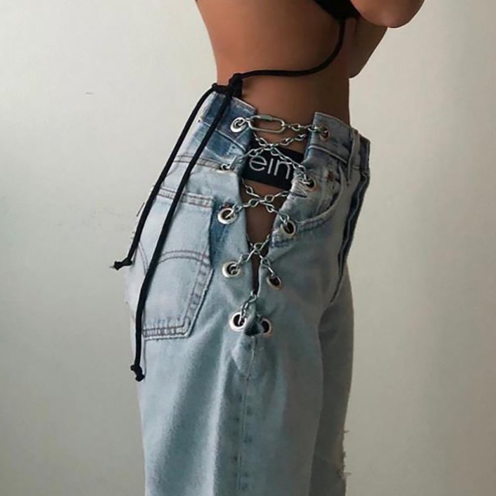Stacked Asymmetrical Side Slit Chain Jean Pant